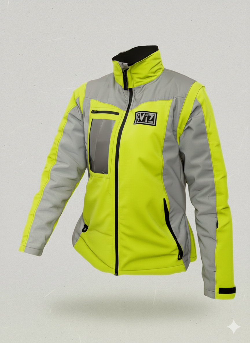 Yellow and gray jacket with a capturviz brand logo on a white background